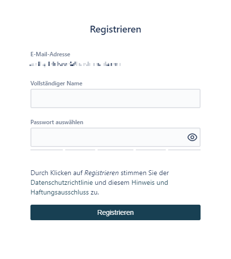 Abschliessen der Registrierung durch Angabe des Namens und eines Passwortes